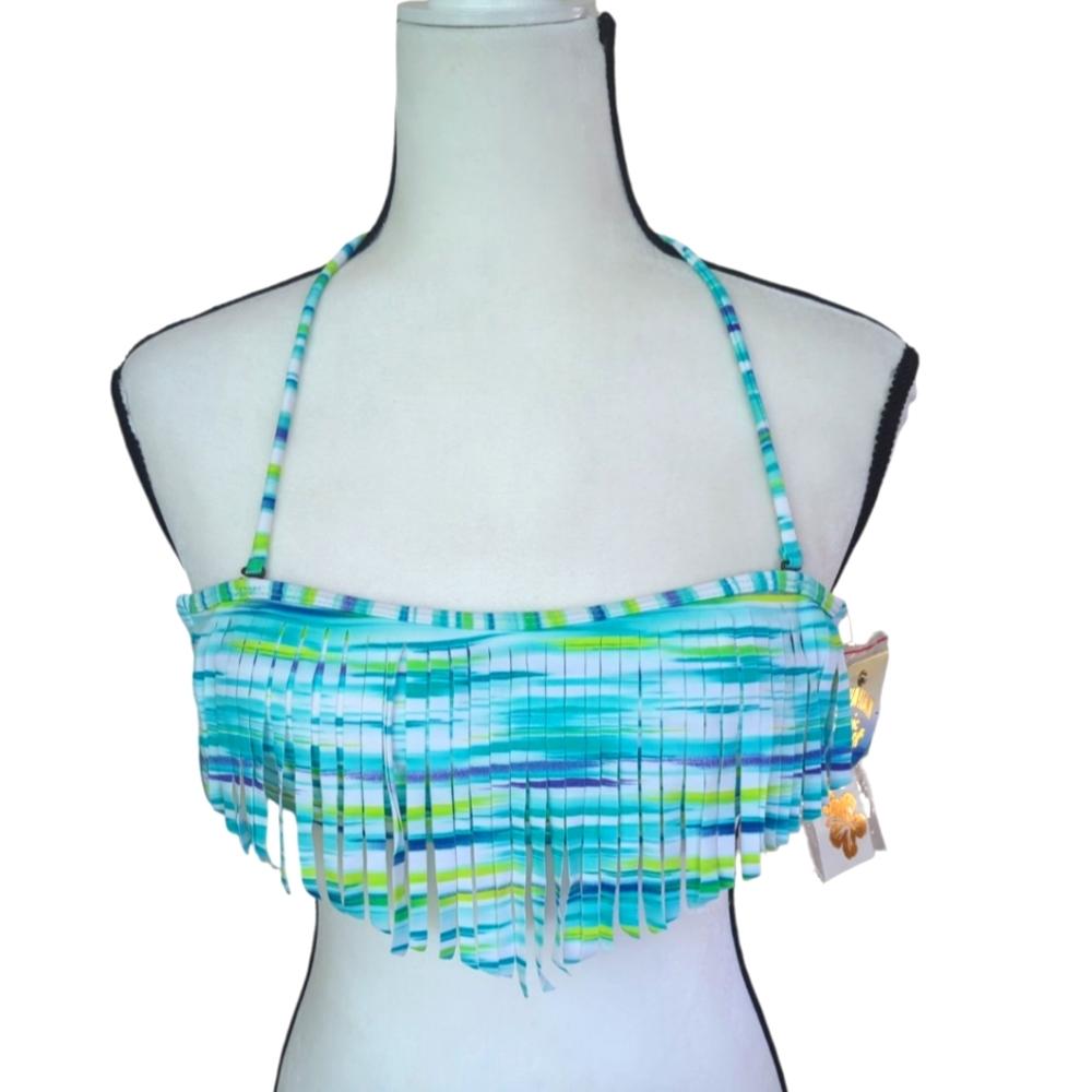 NWT Hawaiian Tropic Fringe Bikini Swim Top & Tattoo MEDIUM Green White  UPF 50